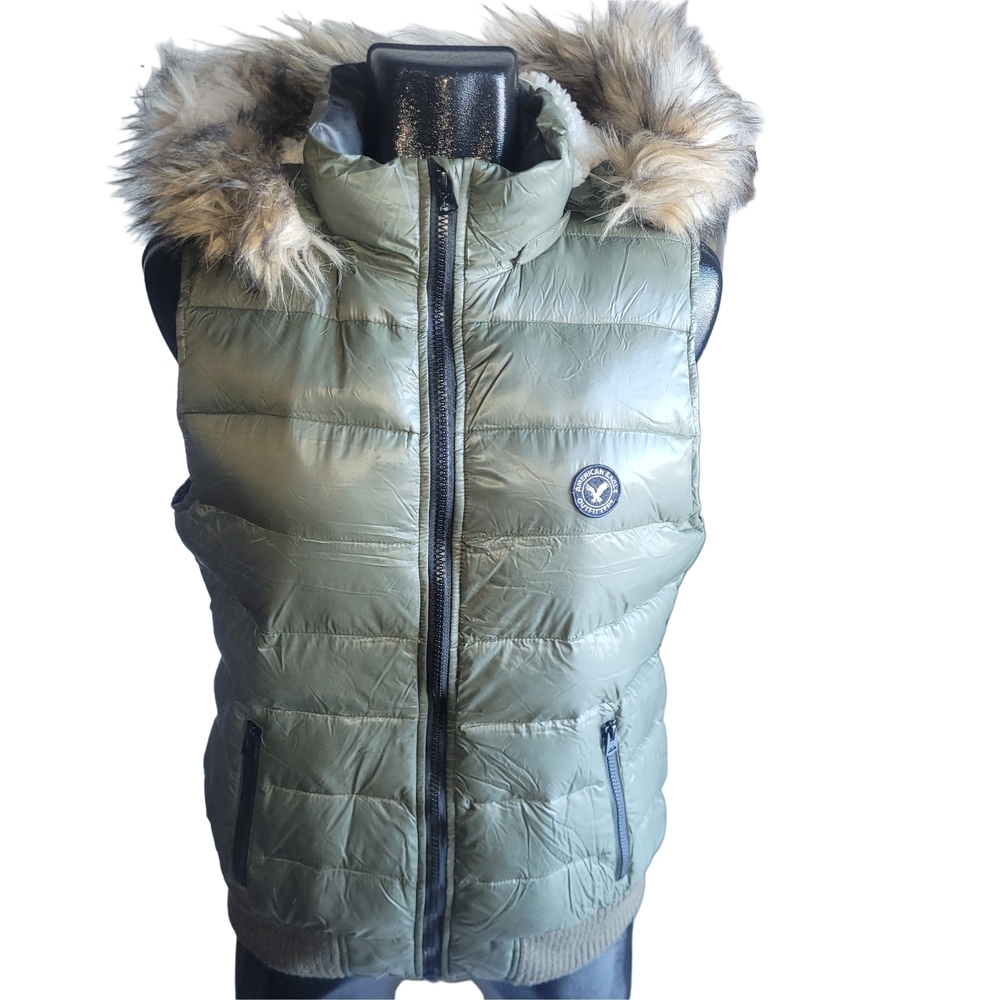 American Eagle Olive Green Down Puffer Vest with Removable Faux Fur Trim Hood L